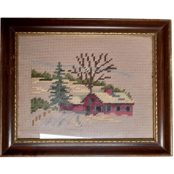 Vintage T. Eaton & Co. Framed Winter Cabin Fiber Art - Picture 1 of 10